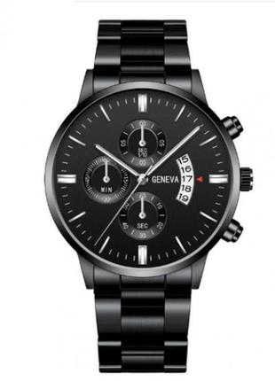 Чоловічий наручний годинник з металевим ремінцем та фосфорними стрілками geneva black