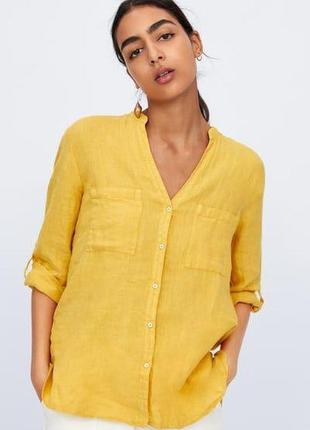 Зара льняная рубашка яркая желтая блуза туника из льна zara6 фото