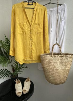 Зара льняная рубашка яркая желтая блуза туника из льна zara9 фото