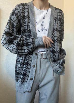 Серый кардиган клетка свитер серый пуловер реглан лонгслив кофта с пуговицами винтаж кардиган7 фото