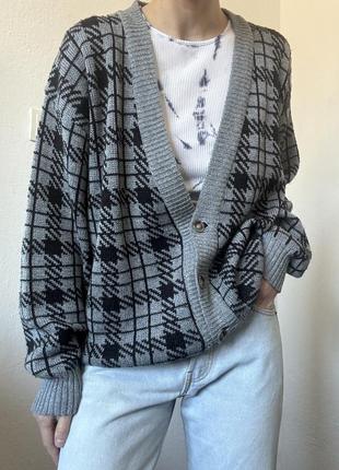 Серый кардиган клетка свитер серый пуловер реглан лонгслив кофта с пуговицами винтаж кардиган8 фото