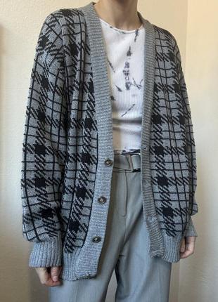 Серый кардиган клетка свитер серый пуловер реглан лонгслив кофта с пуговицами винтаж кардиган6 фото