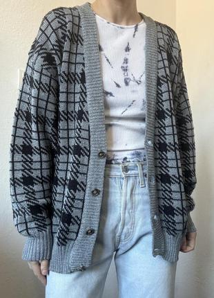 Серый кардиган клетка свитер серый пуловер реглан лонгслив кофта с пуговицами винтаж кардиган9 фото