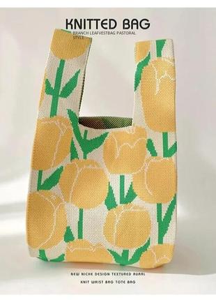 Тренд стильна жовто зелена в квіти жіноча в'язана текстильна сумка шопер2 фото