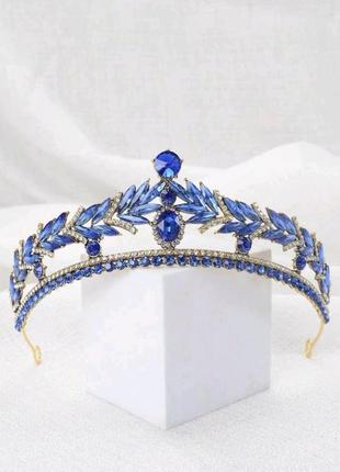 Набір комплект корона діадема на голову синя блакитна сережки кольє буси3 фото