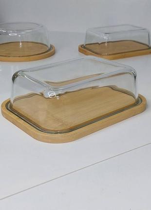 Стеклянная подставка с крышкой бамбук прямоугольная1 фото