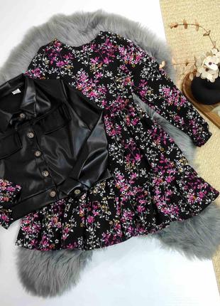 Модний комплект (куртка з екошкіри та сукня у квітковий принт)4 фото