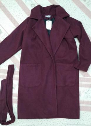 Демисезонное пальто халат на запах(винного цвета)5 фото