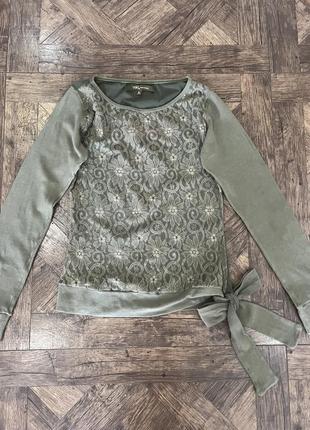 Стильна нарядна ажурна гепюрова кофта, реглан, лонгслів хакі полупрозора