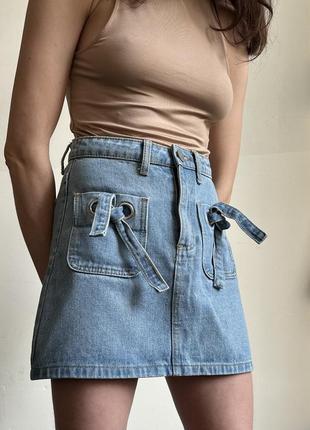 Джинсовая голубая юбка мини юбка на талии xs1 фото