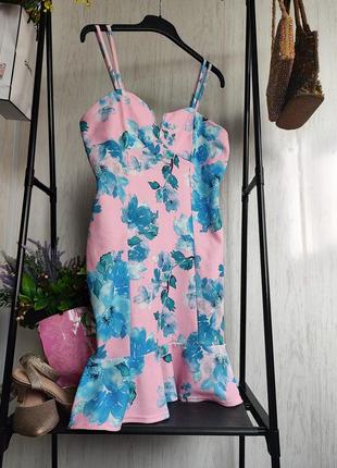 Платье в романтичном стиле праздничное розовое с бирюзовыми цветами с баской внизу  🌷