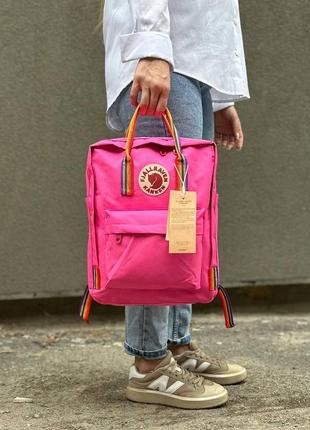 Яскравий рожевий рюкзак з райдужними ручками kanken classic 16 l, канкен.4 фото
