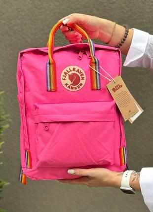 Яркий розовый рюкзак kanken classic 16 l с радужными ручками. портфель канкен1 фото