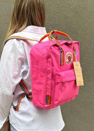 Яскравий рожевий рюкзак з райдужними ручками kanken classic 16 l, канкен.6 фото