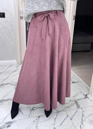 Длинная женская юбка макси из замши, с карманами, на поясе весна, осень, s, m, l, xl2 фото