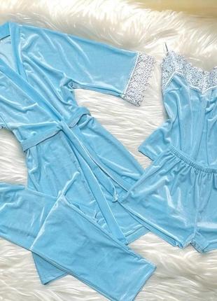 Велюровий комплект четвірка халат майка шорти штани блакитний лазурний 15 кольорів