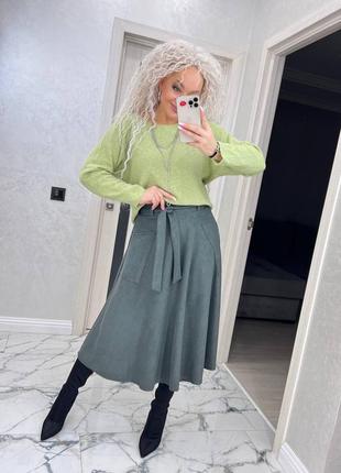Длинная женская зеленая юбка мади из замши, с карманами, на поясе весна, осень, s, m,