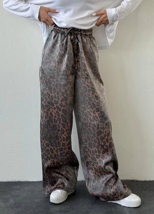 Женские блестящие широкие леопардовые брюки, брюки палаццо леопард