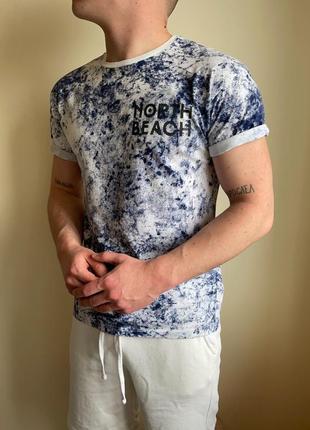 Стильна розмальована футболка topman, топман, біла, темно синя, тай дай, з принтом на грудях, принт на спині