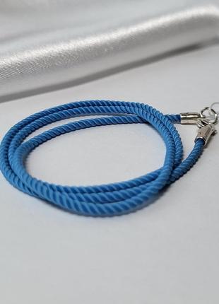 Шнурок на шею милан голубого цвета  шелковый 2мм 45 см серебро 925 пробы 6010/2 0.98г