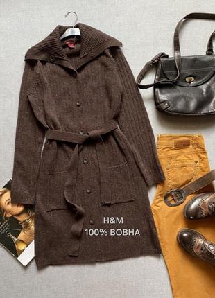 Коричневый шерстяной кардиган h&m, шерсть, тёплый, с поясом, жакет, пальто, трикотажный,