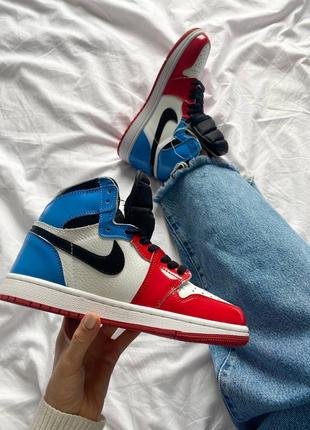 Nike air jordan 1 retro high "blue/red кроссовки кожаные + лак3 фото