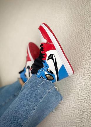 Nike air jordan 1 retro high "blue/red кроссовки кожаные + лак7 фото