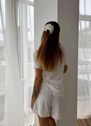 Пижама для дома и сна женский домашний костюм из турецкой ткани рубчик комплект футболка шорты и резинка4 фото