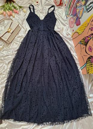 Длинное пышное праздничное платье к полу темно синие с фатином5 фото