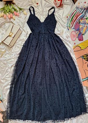 Длинное пышное праздничное платье к полу темно синие с фатином9 фото