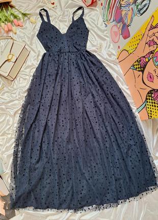 Длинное пышное праздничное платье к полу темно синие с фатином3 фото