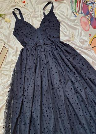 Длинное пышное праздничное платье к полу темно синие с фатином4 фото