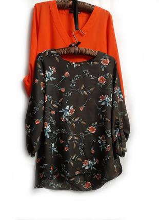 Блузка коричневая свободная легкая цветами р 38-421 фото