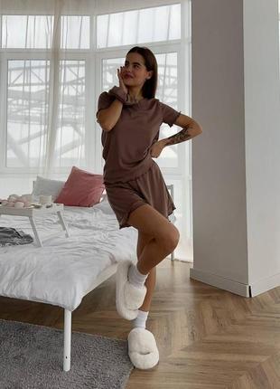 Пижама для дома и сна женский домашний костюм из турецкой ткани рубчик комплект футболка шорты и резинка2 фото