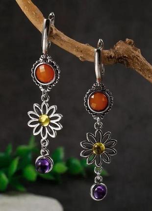 Сріблясті сережки жіночі у формі красивої квітки довгі сережки квіти з візерунками та фіолетовим каменем