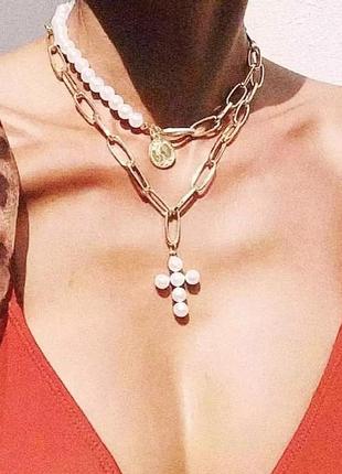 Ожерелье чокер многослойная цепочка колье золотистое жемчуг крест монетка6 фото