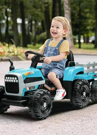 Дитячий електромобіль трактор john deere (синій колір) з причепом