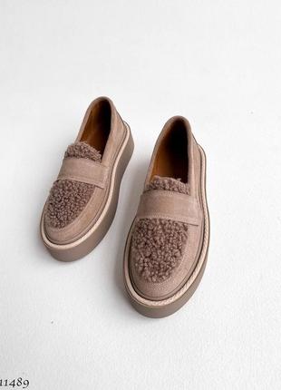 Натуральная замша, модные женские трендовые лоферы с мехом teddy
