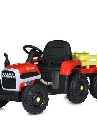 Дитячий електромобіль трактор john deere (червоний колір) з причепом