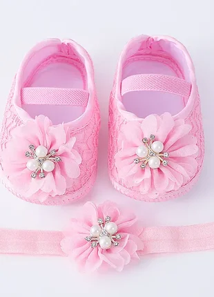 Пинетки-туфельки с повязкой на голову 12см,11см,10.5см розовые