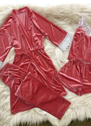 Велюровий комплект четвірка кораловий халат штани шорти майка рожевий1 фото