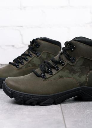 Кожаные военные кроссовки хаки на высокой подошве из нубука,кроссовки высокие мужские демисезонные, ботинки ну5 фото