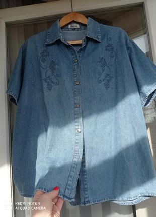 Натуральная джинсовая блузка рубашка с вышивкой3 фото