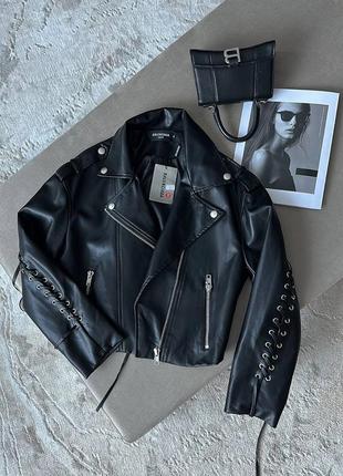 Куртка косуха в стилі balenciaga з завязками чорна3 фото