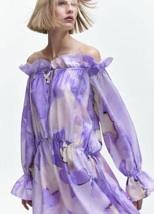 Шикарное платье с открытыми плечами, фиолетовое платье короткое, мини платье с завязками, летнее платье с затяжками, воздужное платье оверсайз