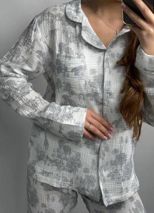 Женская пижама натуральная муслин рубашка и штаны 17 цветов6 фото