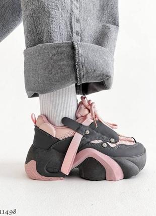 Стильные кроссовки, которые подчеркнут вашу выразительность 11498 серый+розовый экокожа+обувной текс