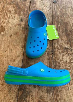 Крокс крокбэнд клог синие с зеленым crocs crocband clog ocean/grass green