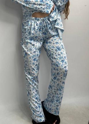 Женская пижама шелк оверсайз рубашка и штаны в цветы домашний костюм7 фото