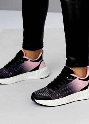 В наличие летние женские кроссовки из текстиля, в микс черный + розовый цвет на шнурках,3 фото